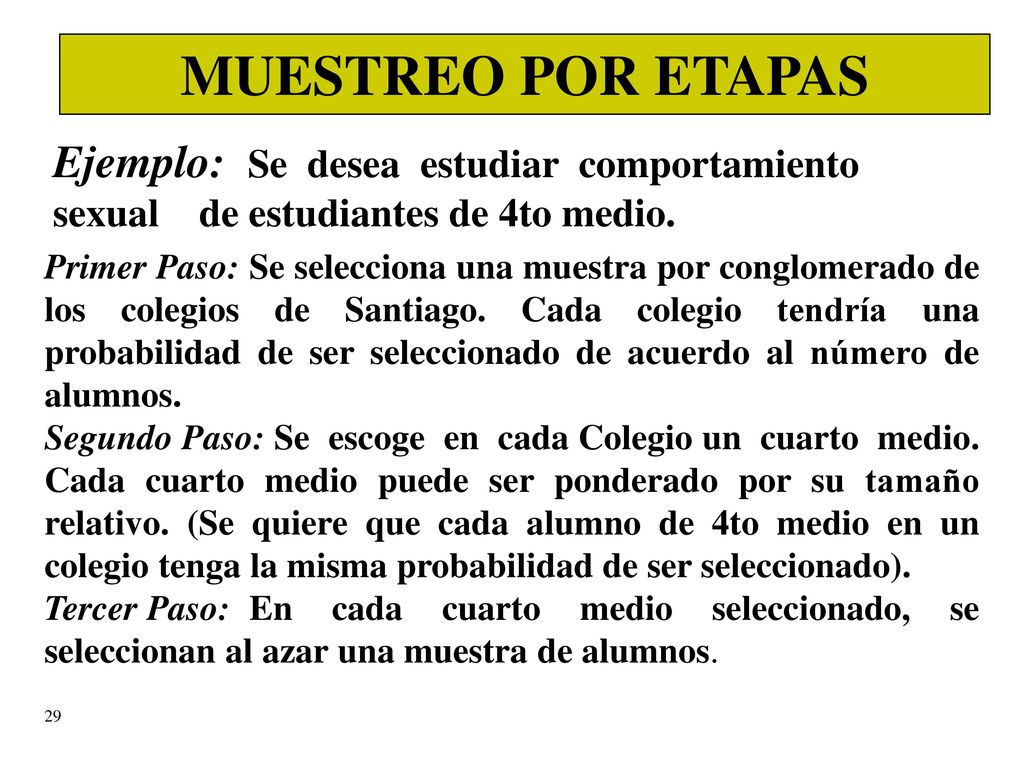 izq MUESTREO POR ETAPAS. Ejemplo: Se desea estudiar comportamiento sexual de estudiantes de 4to medio.