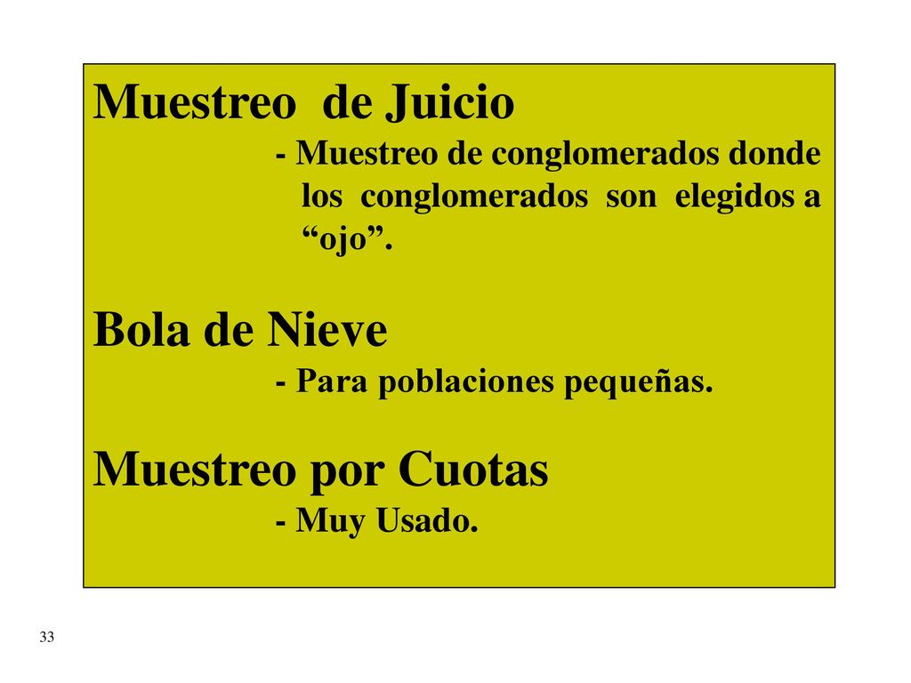 Muestreo de Juicio Bola de Nieve Muestreo por Cuotas