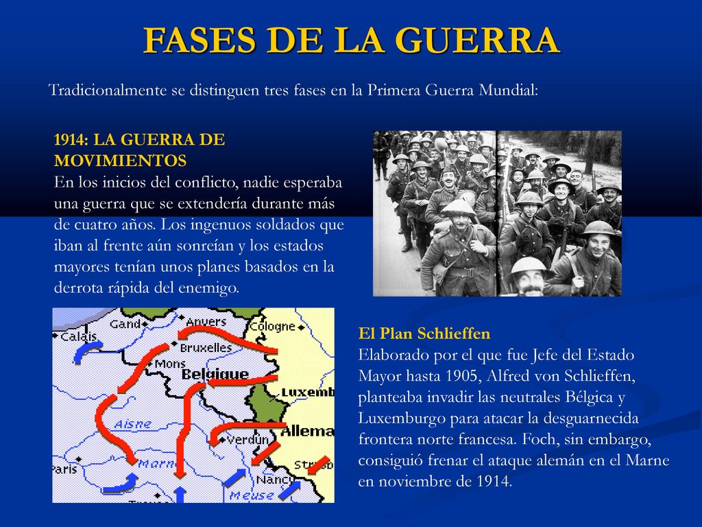 FASES DE LA GUERRA Tradicionalmente se distinguen tres fases en la Primera Guerra Mundial: 1914: LA GUERRA DE MOVIMIENTOS.