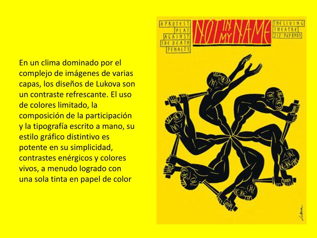 En un clima dominado por el complejo de imágenes de varias capas, los diseños de Lukova son un contraste refrescante. El uso de colores limitado, la composición de la participación y la tipografía escrito a mano, su estilo gráfico distintivo es potente en su simplicidad, contrastes enérgicos y colores vivos, a menudo logrado con una sola tinta en papel de color