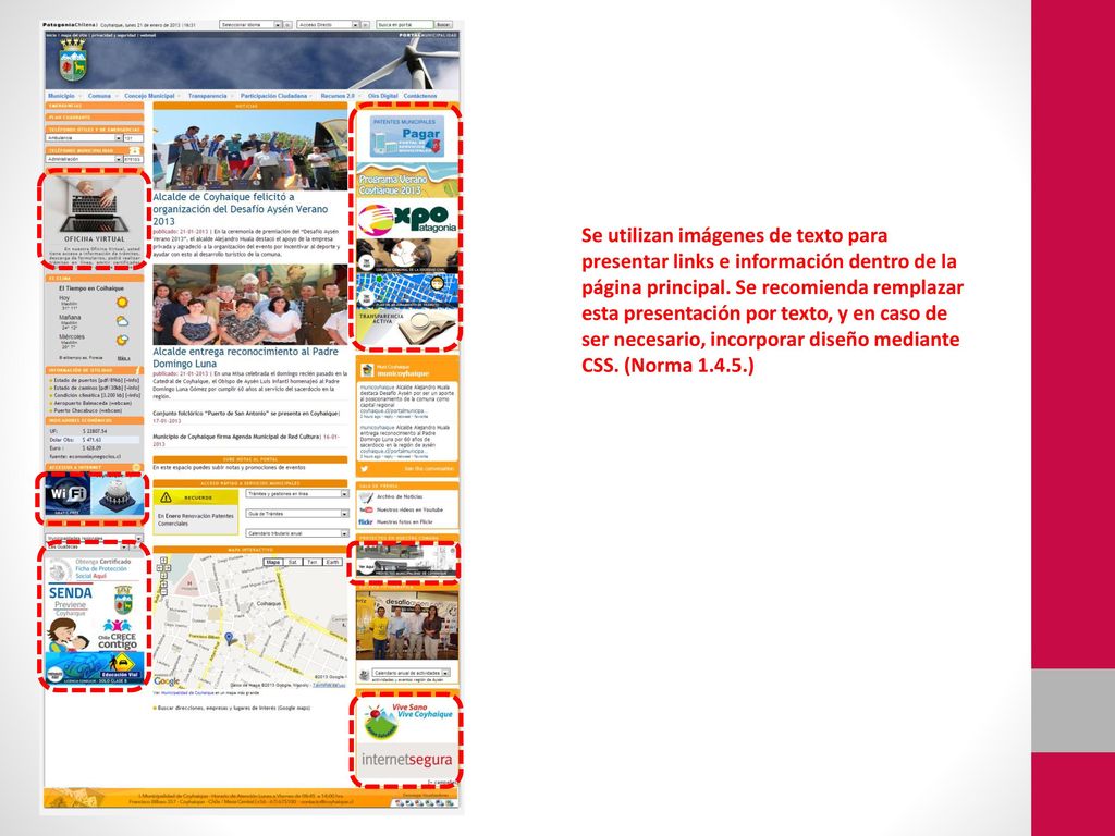 Se utilizan imágenes de texto para presentar links e información dentro de la página principal.