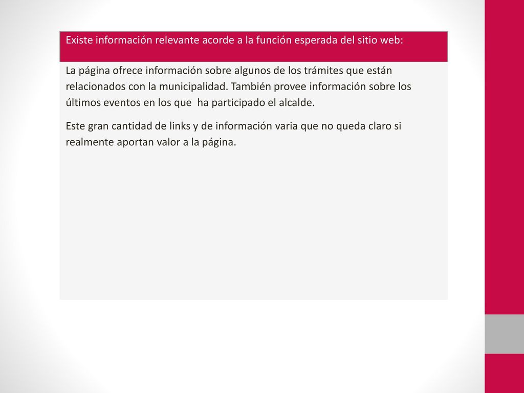 Existe información relevante acorde a la función esperada del sitio web: