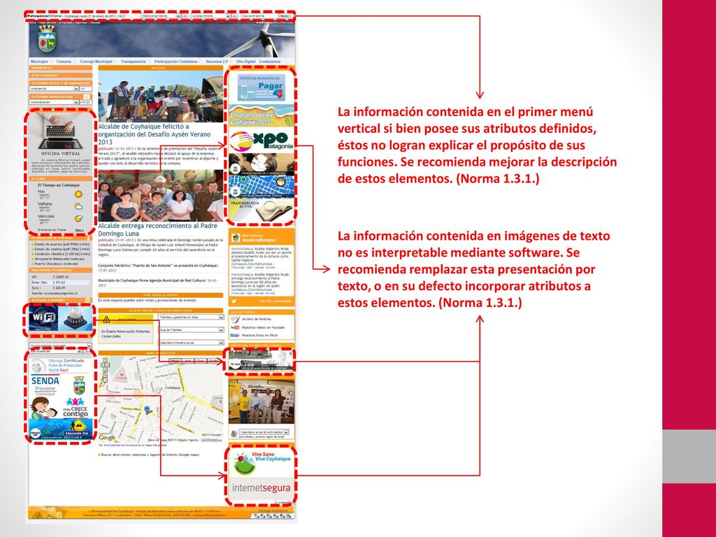 La información contenida en el primer menú vertical si bien posee sus atributos definidos, éstos no logran explicar el propósito de sus funciones. Se recomienda mejorar la descripción de estos elementos. (Norma )
