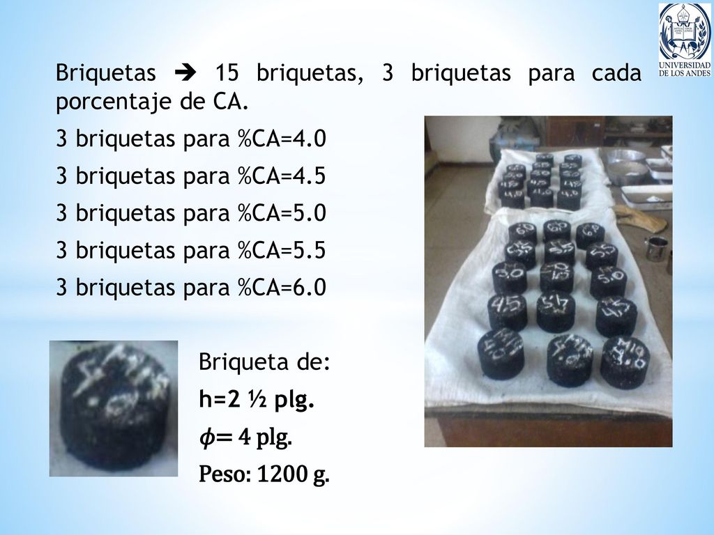 Briquetas  15 briquetas, 3 briquetas para cada porcentaje de CA.