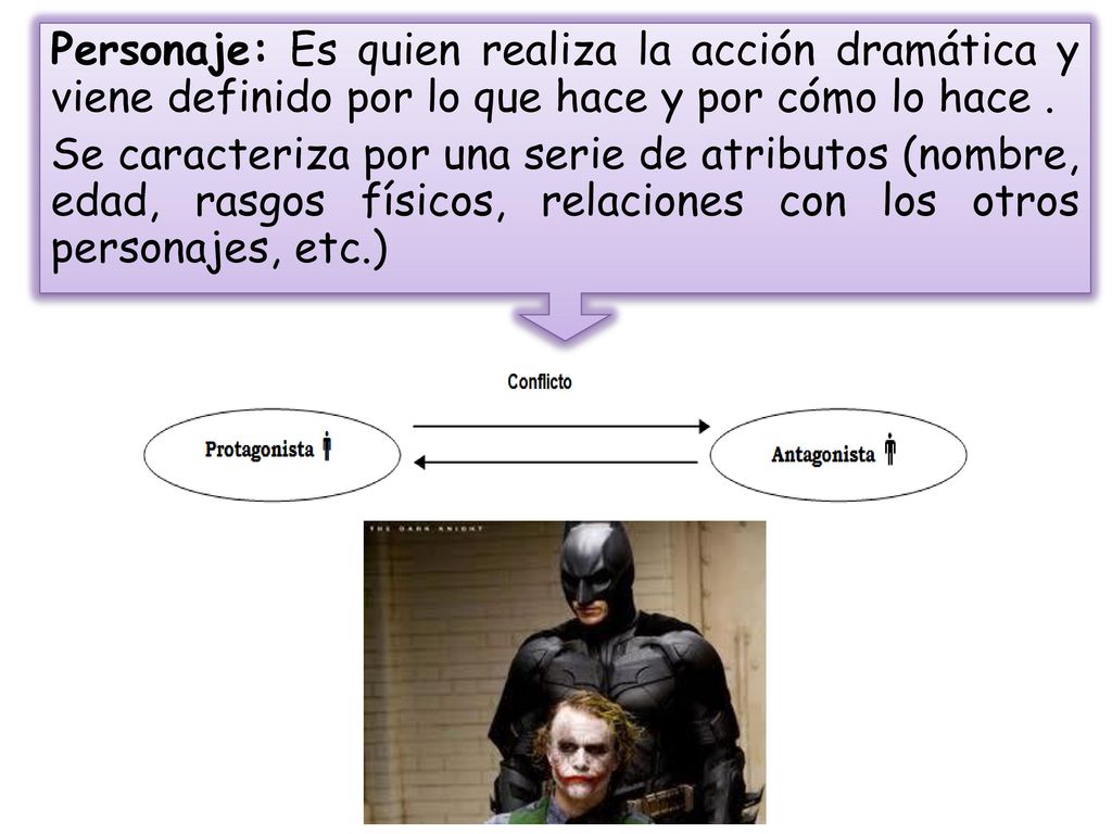 Personaje: Es quien realiza la acción dramática y viene definido por lo que hace y por cómo lo hace .