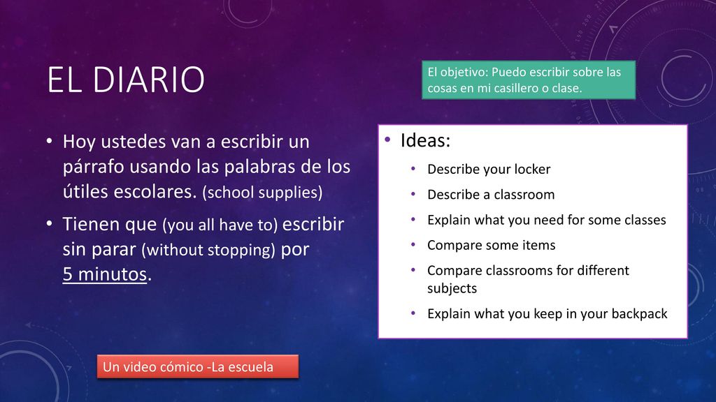 El diario El objetivo: Puedo escribir sobre las cosas en mi casillero o clase.