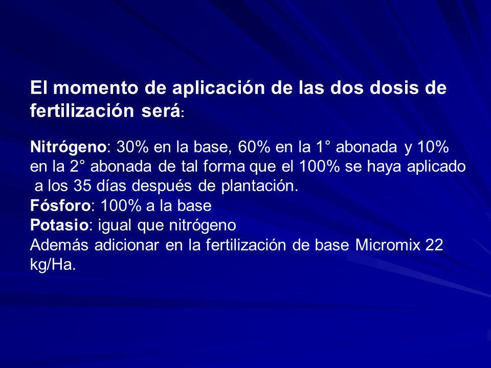 El momento de aplicación de las dos dosis de fertilización será: