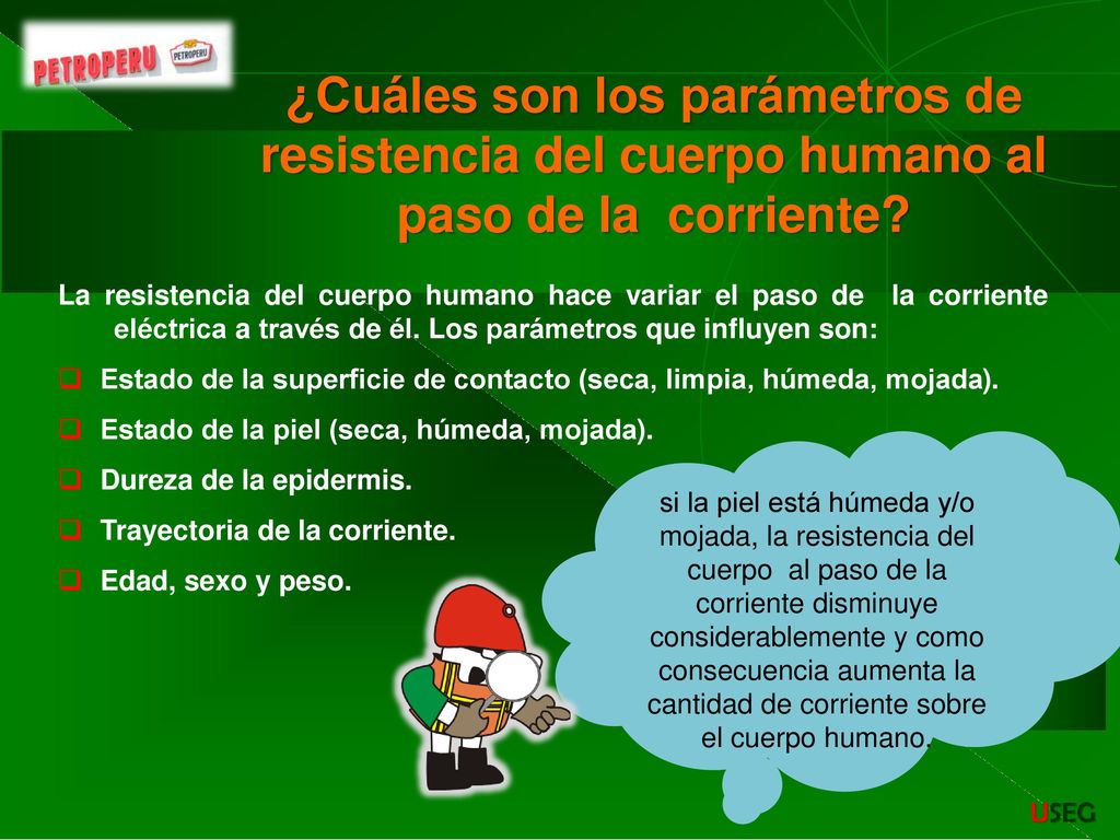 ¿Cuáles son los parámetros de resistencia del cuerpo humano al paso de la corriente