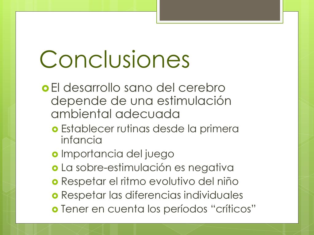 Conclusiones El desarrollo sano del cerebro depende de una estimulación ambiental adecuada. Establecer rutinas desde la primera infancia.