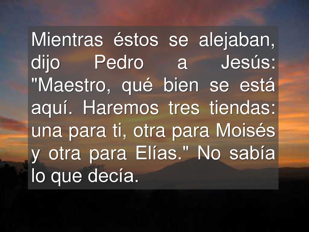 Mientras éstos se alejaban, dijo Pedro a Jesús: Maestro, qué bien se está aquí.