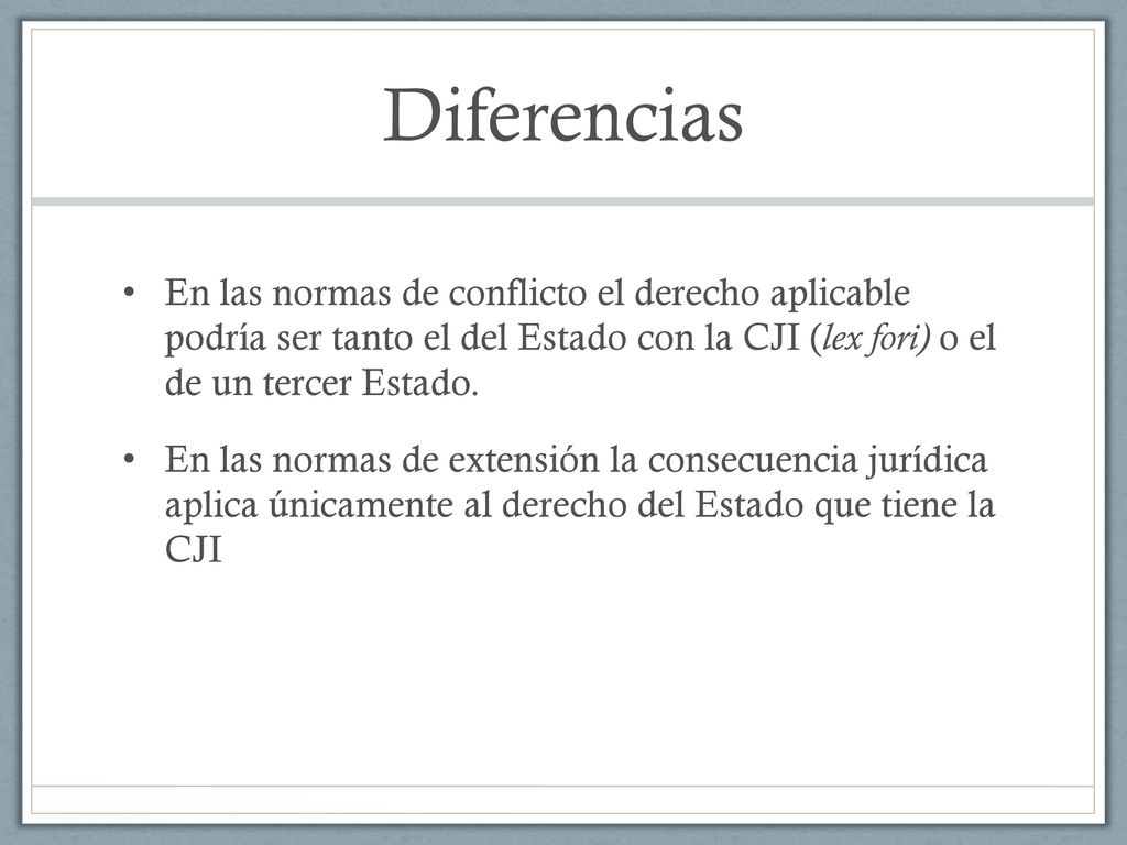Diferencias En las normas de conflicto el derecho aplicable podría ser tanto el del Estado con la CJI (lex fori) o el de un tercer Estado.