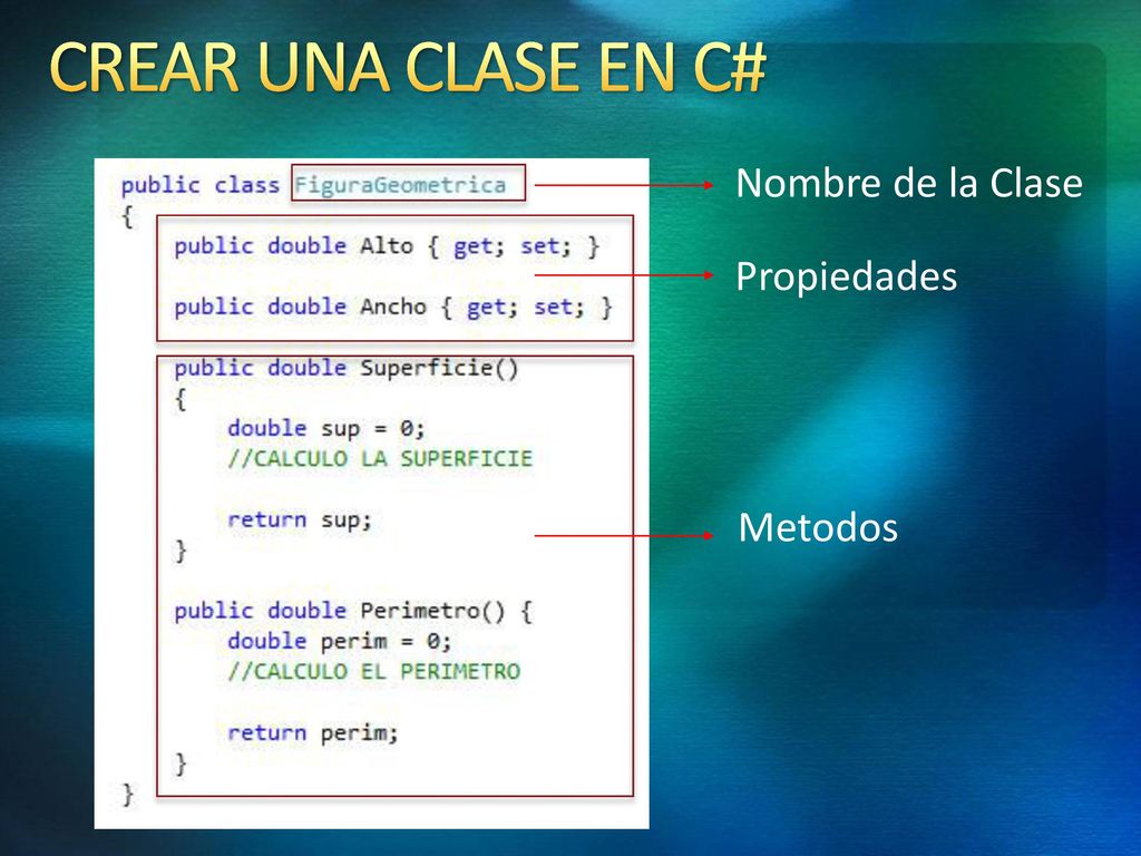 CREAR UNA CLASE EN C# Nombre de la Clase Propiedades Metodos