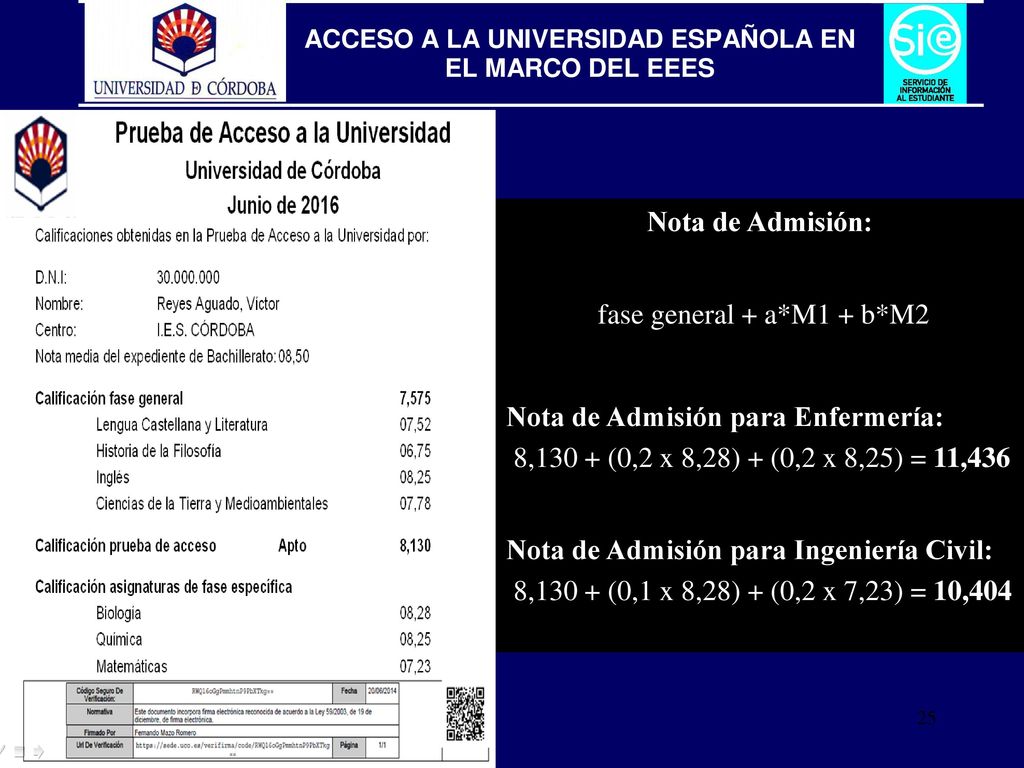 Nota de Admisión: fase general + a*M1 + b*M2. Nota de Admisión para Enfermería: 8,130 + (0,2 x 8,28) + (0,2 x 8,25) = 11,436.