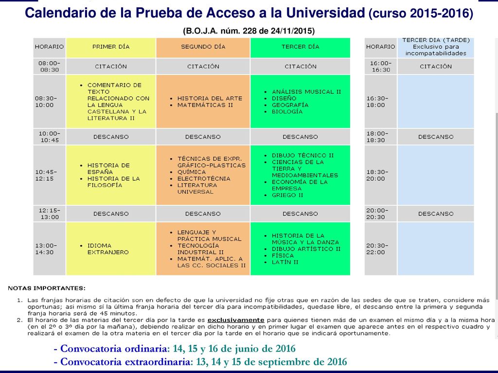 Calendario de la Prueba de Acceso a la Universidad (curso )