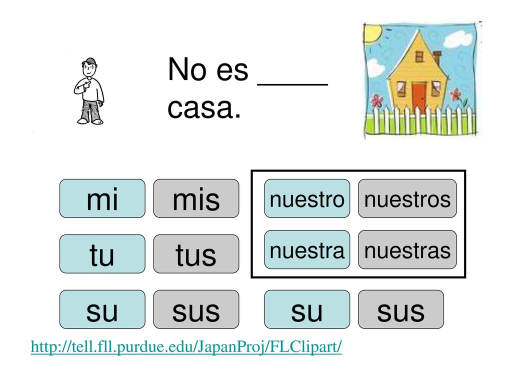 No es ____ casa. mi mis tu tus su sus su sus nuestro nuestros nuestra