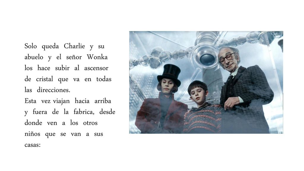 Solo queda Charlie y su abuelo y el señor Wonka los hace subir al ascensor de cristal que va en todas las direcciones.