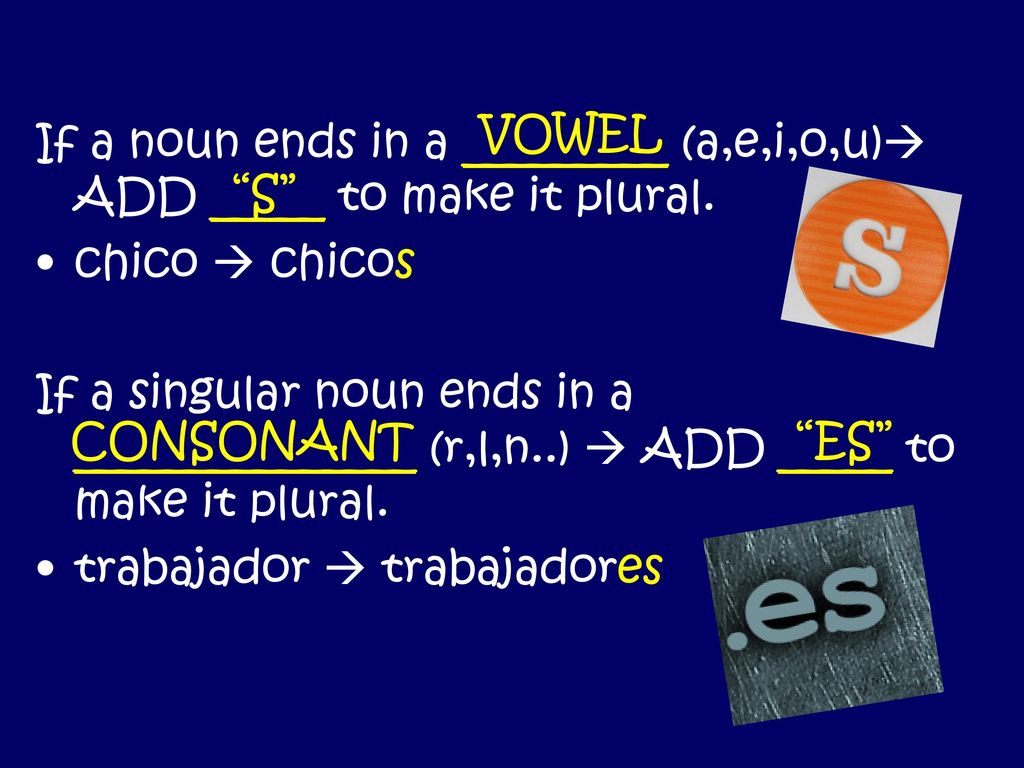 VOWEL If a noun ends in a _________ (a,e,i,o,u) ADD _____ to make it plural. chico  chicos.