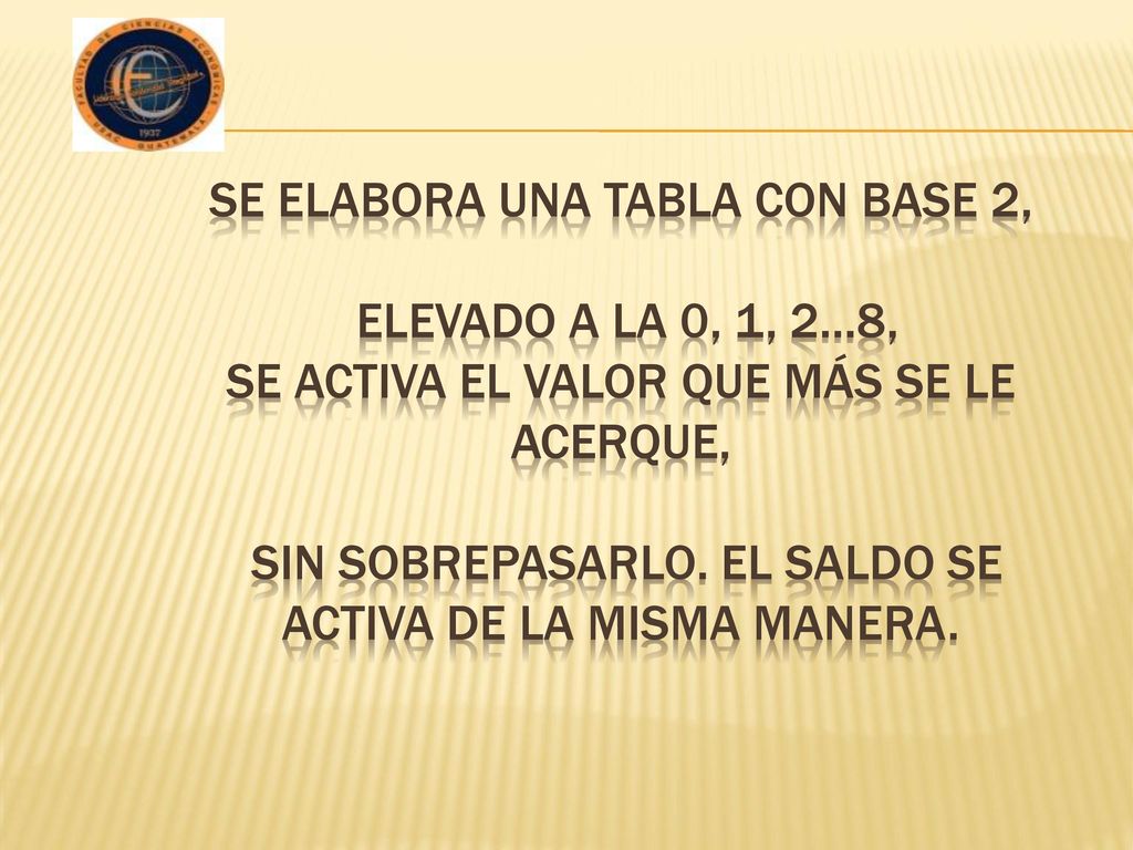 Se elabora una tabla con base 2, elevado a la 0, 1, 2…8, se activa el valor que más se le acerque, sin sobrepasarlo.