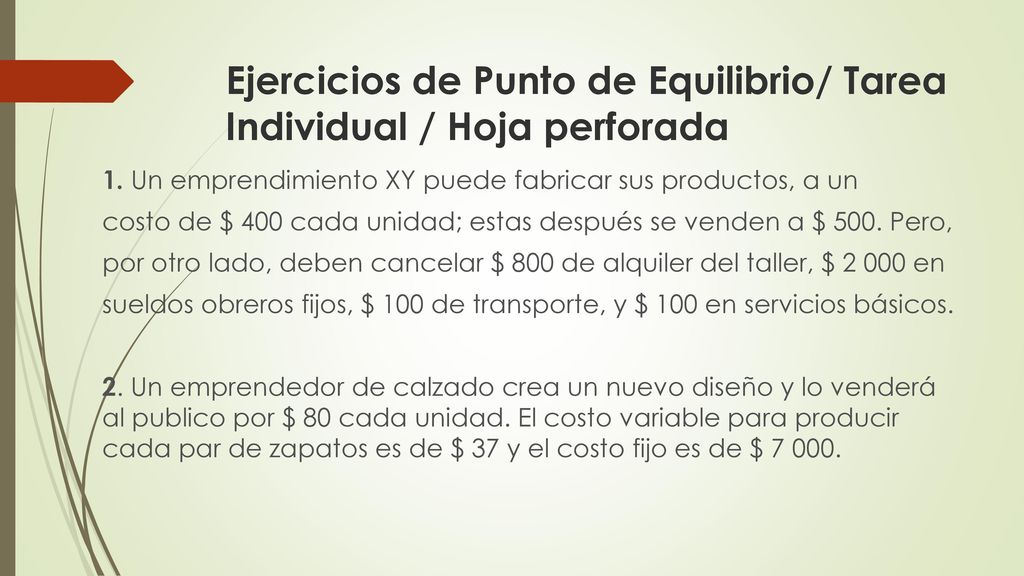 Ejercicios de Punto de Equilibrio/ Tarea Individual / Hoja perforada