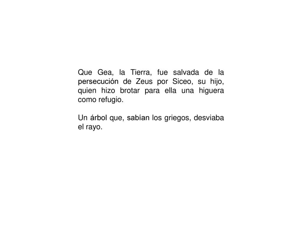 Que Gea, la Tierra, fue salvada de la persecución de Zeus por Siceo, su hijo, quien hizo brotar para ella una higuera como refugio.