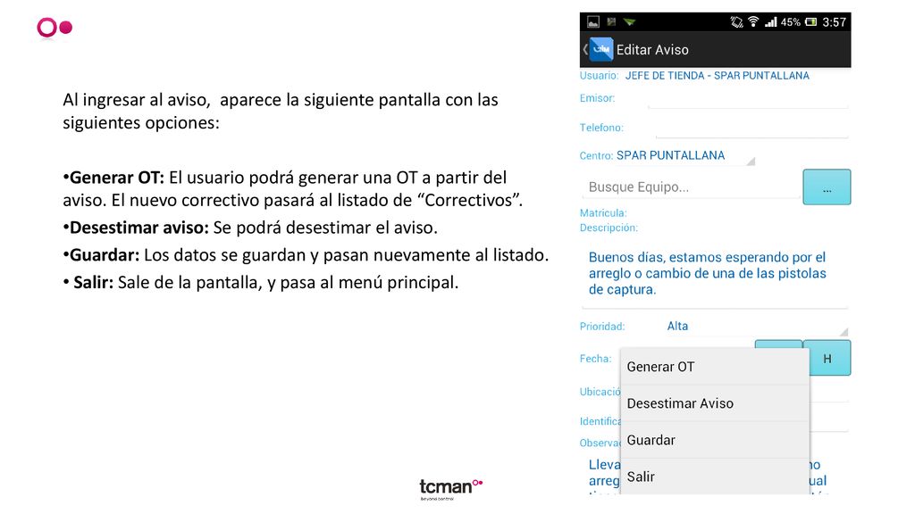 Al ingresar al aviso, aparece la siguiente pantalla con las siguientes opciones: