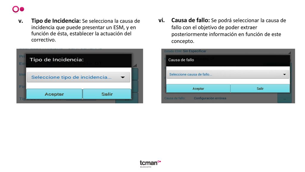 Tipo de Incidencia: Se selecciona la causa de incidencia que puede presentar un ESM, y en función de ésta, establecer la actuación del correctivo.