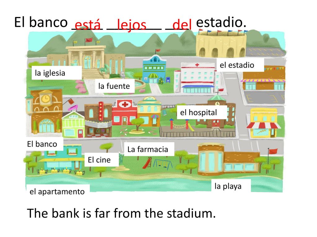 El banco ____ _______ ___ estadio. está lejos del
