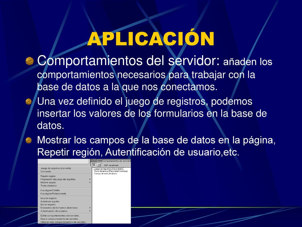 APLICACIÓN Comportamientos del servidor: añaden los comportamientos necesarios para trabajar con la base de datos a la que nos conectamos.