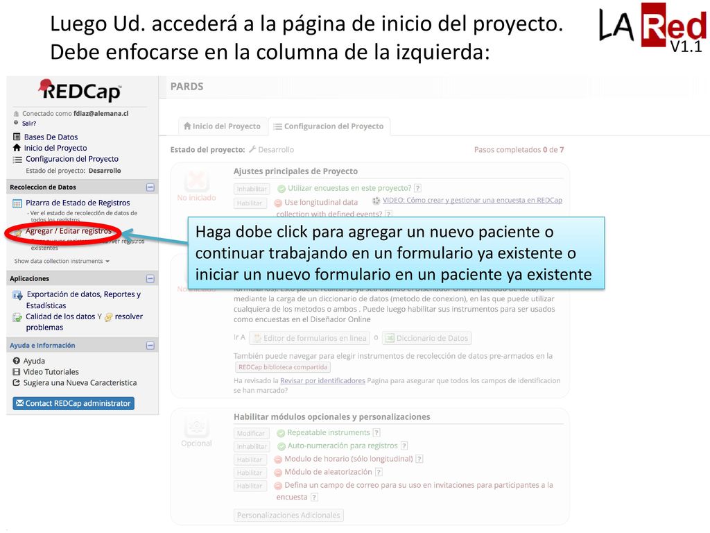 Luego Ud. accederá a la página de inicio del proyecto.