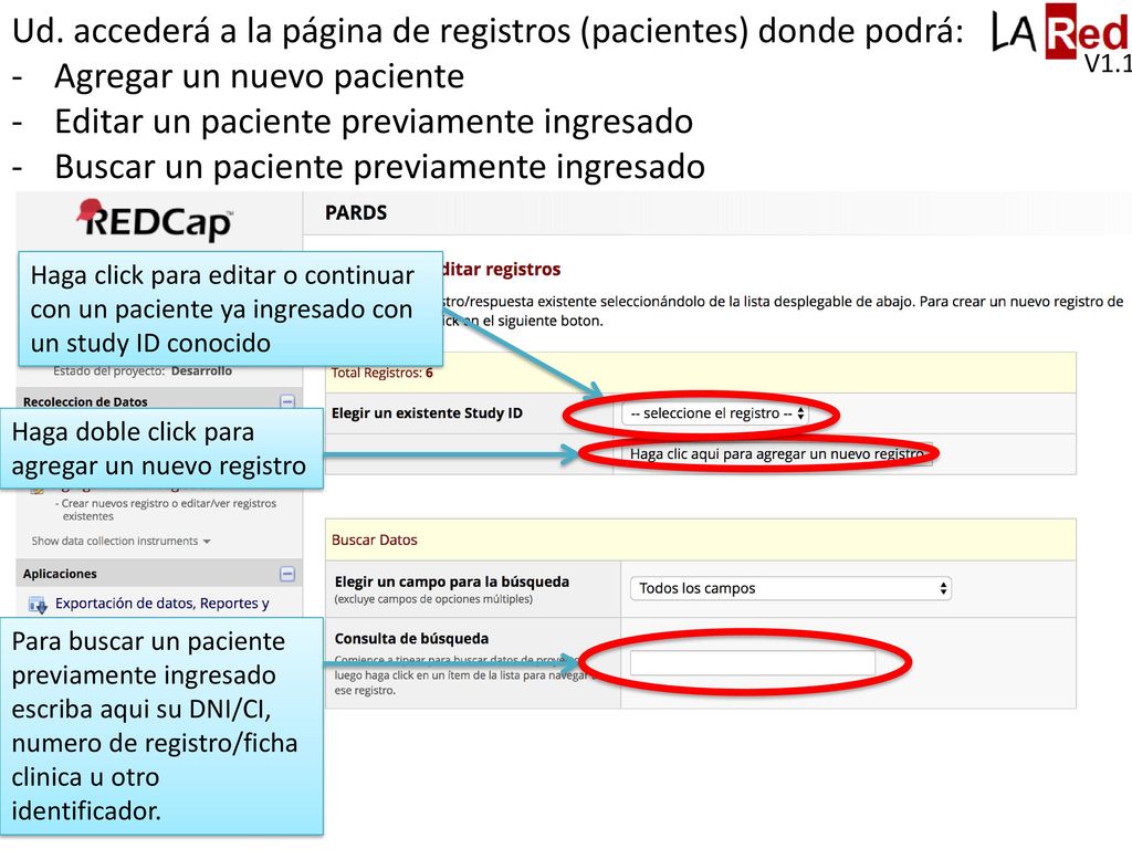 Ud. accederá a la página de registros (pacientes) donde podrá: