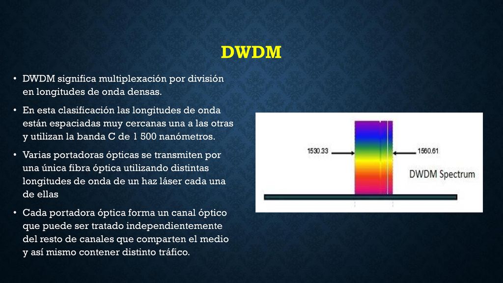 DWDM DWDM significa multiplexación por división en longitudes de onda densas.