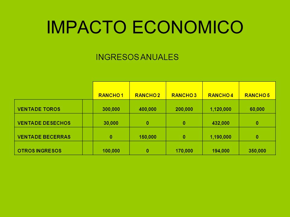 IMPACTO ECONOMICO INGRESOS ANUALES RANCHO 1 RANCHO 2 RANCHO 3 RANCHO 4