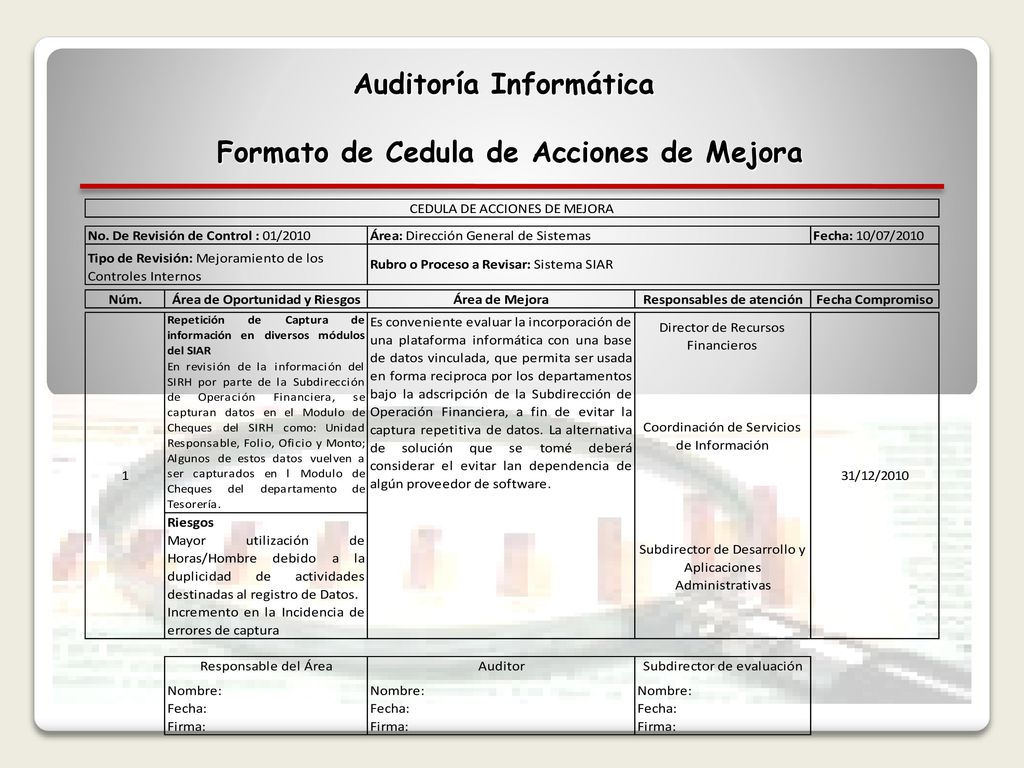 Auditoría Informática Formato de Cedula de Acciones de Mejora