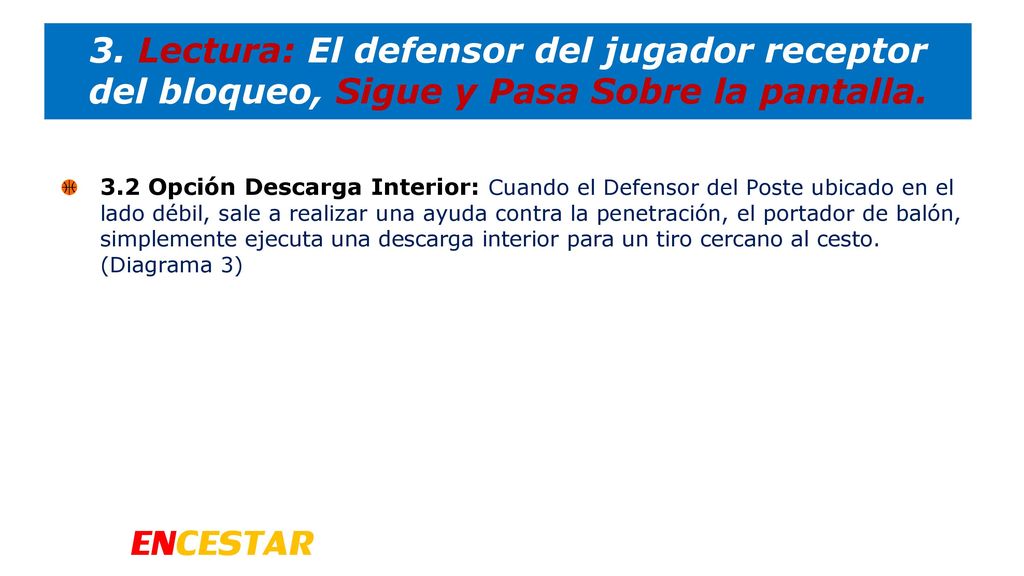 3. Lectura: El defensor del jugador receptor del bloqueo, Sigue y Pasa Sobre la pantalla.