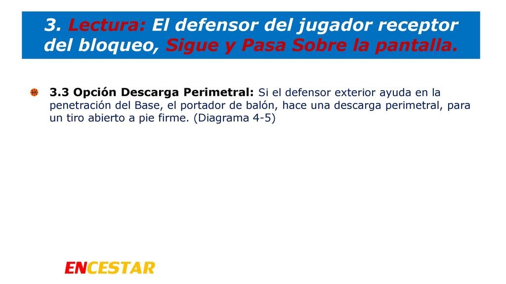 3. Lectura: El defensor del jugador receptor del bloqueo, Sigue y Pasa Sobre la pantalla.