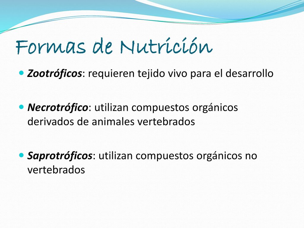 Formas de Nutrición Zootróficos: requieren tejido vivo para el desarrollo.