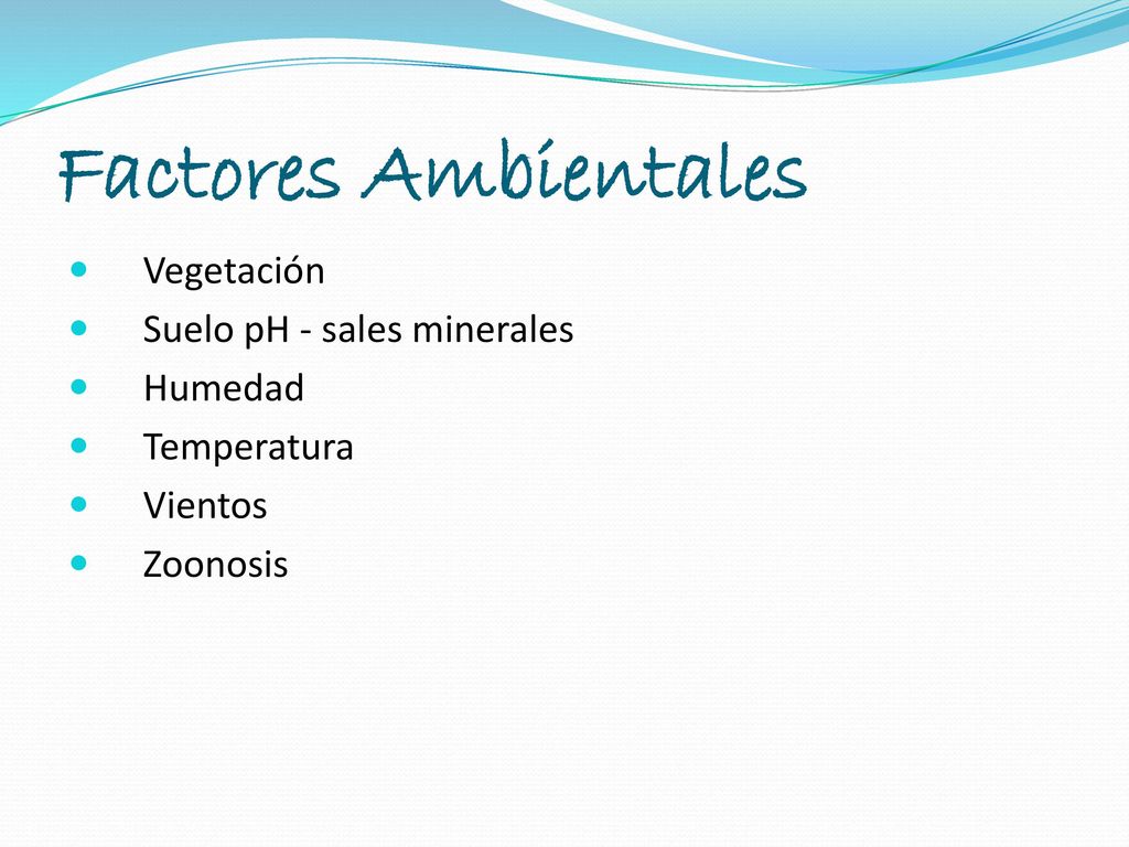 Factores Ambientales Vegetación Suelo pH - sales minerales Humedad