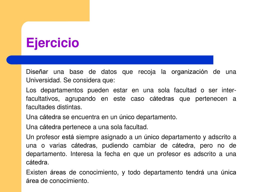 Ejercicio Diseñar una base de datos que recoja la organización de una Universidad. Se considera que:
