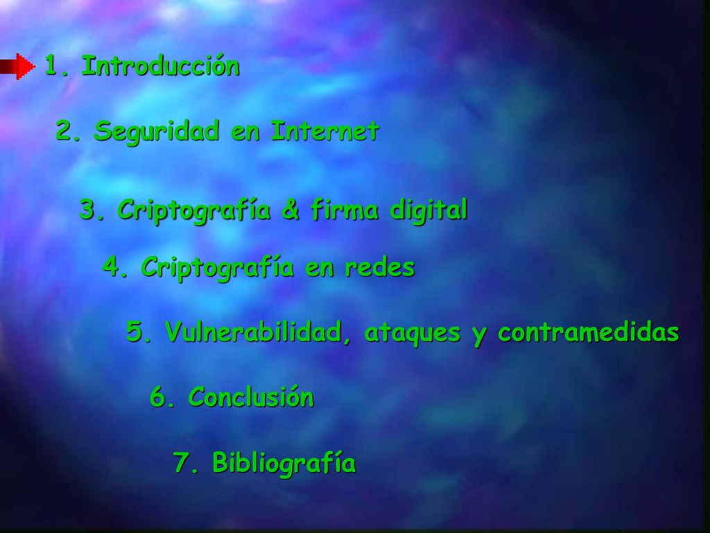 1. Introducción 2. Seguridad en Internet. 3. Criptografía & firma digital. 4. Criptografía en redes.
