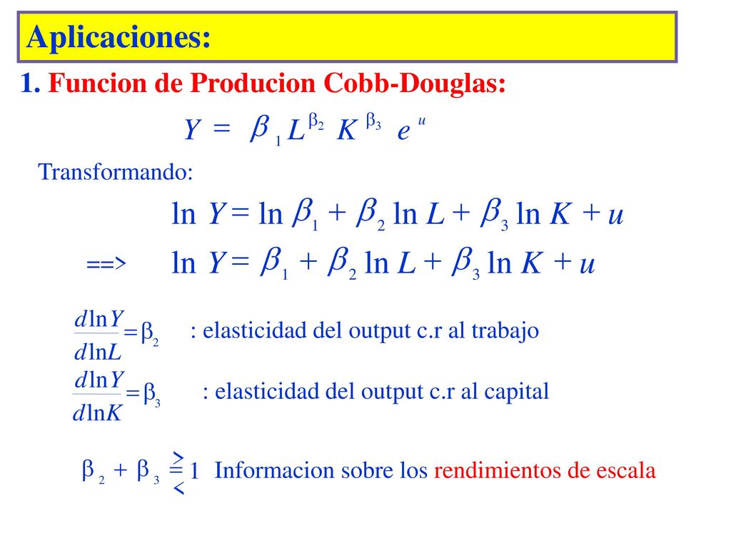 Aplicaciones: u K L Y + = ln b Y = b L K e