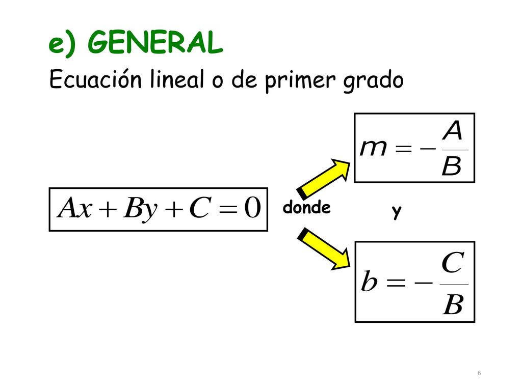 e) GENERAL Ecuación lineal o de primer grado donde y