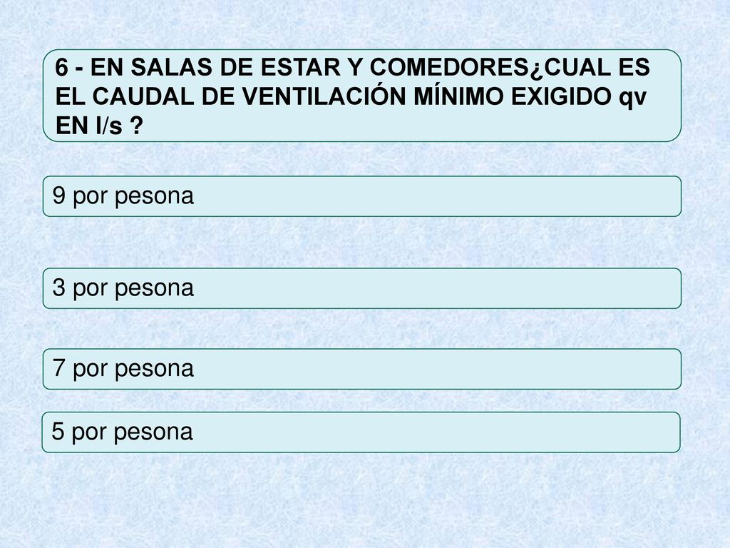 6 - EN SALAS DE ESTAR Y COMEDORES¿CUAL ES EL CAUDAL DE VENTILACIÓN MÍNIMO EXIGIDO qv EN l/s