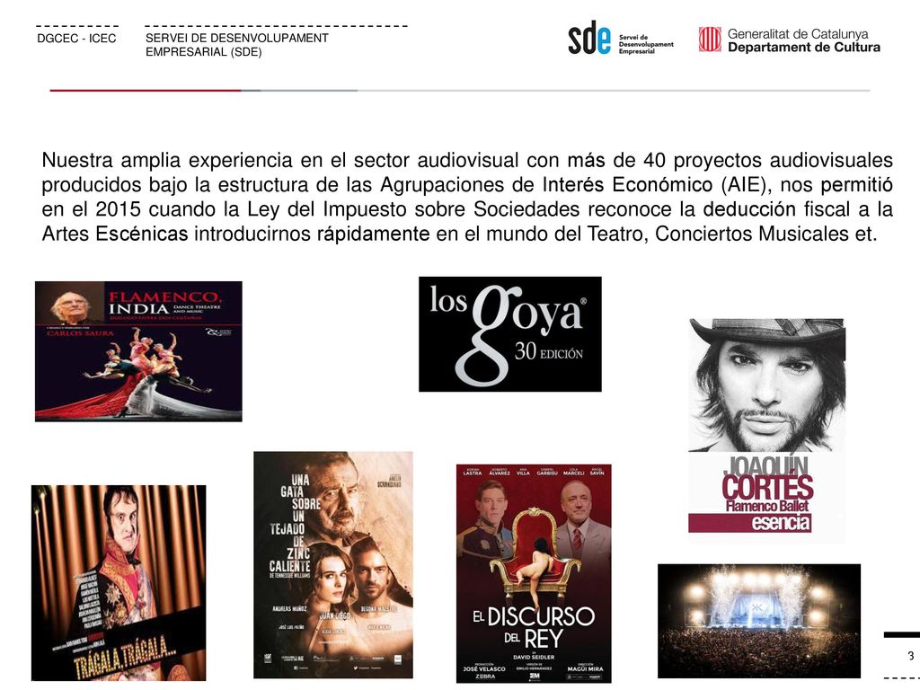 Nuestra amplia experiencia en el sector audiovisual con más de 40 proyectos audiovisuales producidos bajo la estructura de las Agrupaciones de Interés Económico (AIE), nos permitió en el 2015 cuando la Ley del Impuesto sobre Sociedades reconoce la deducción fiscal a la Artes Escénicas introducirnos rápidamente en el mundo del Teatro, Conciertos Musicales et.