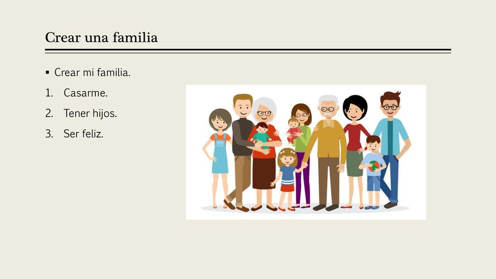 Crear una familia Crear mi familia. Casarme. Tener hijos. Ser feliz.