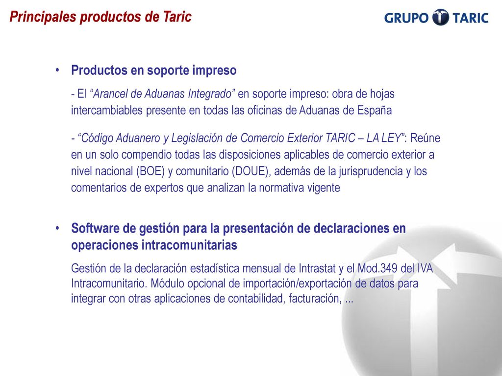 Principales productos de Taric