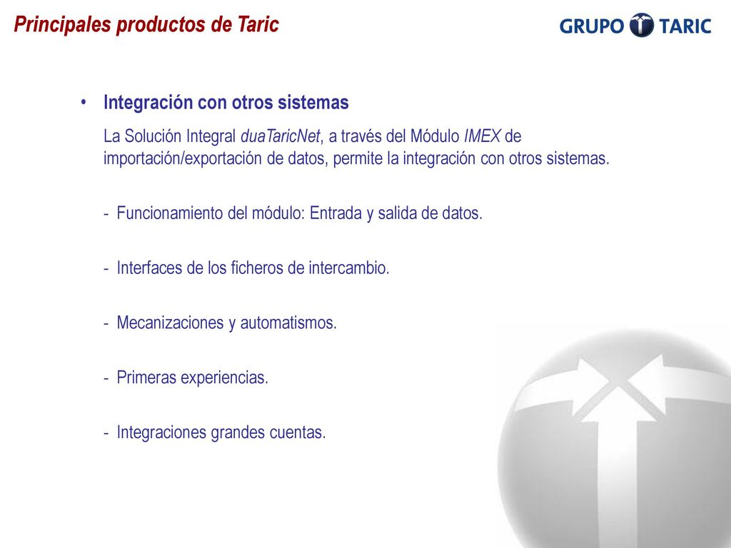 Principales productos de Taric