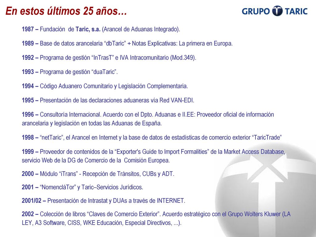 En estos últimos 25 años… 1987 – Fundación de Taric, s.a. (Arancel de Aduanas Integrado).