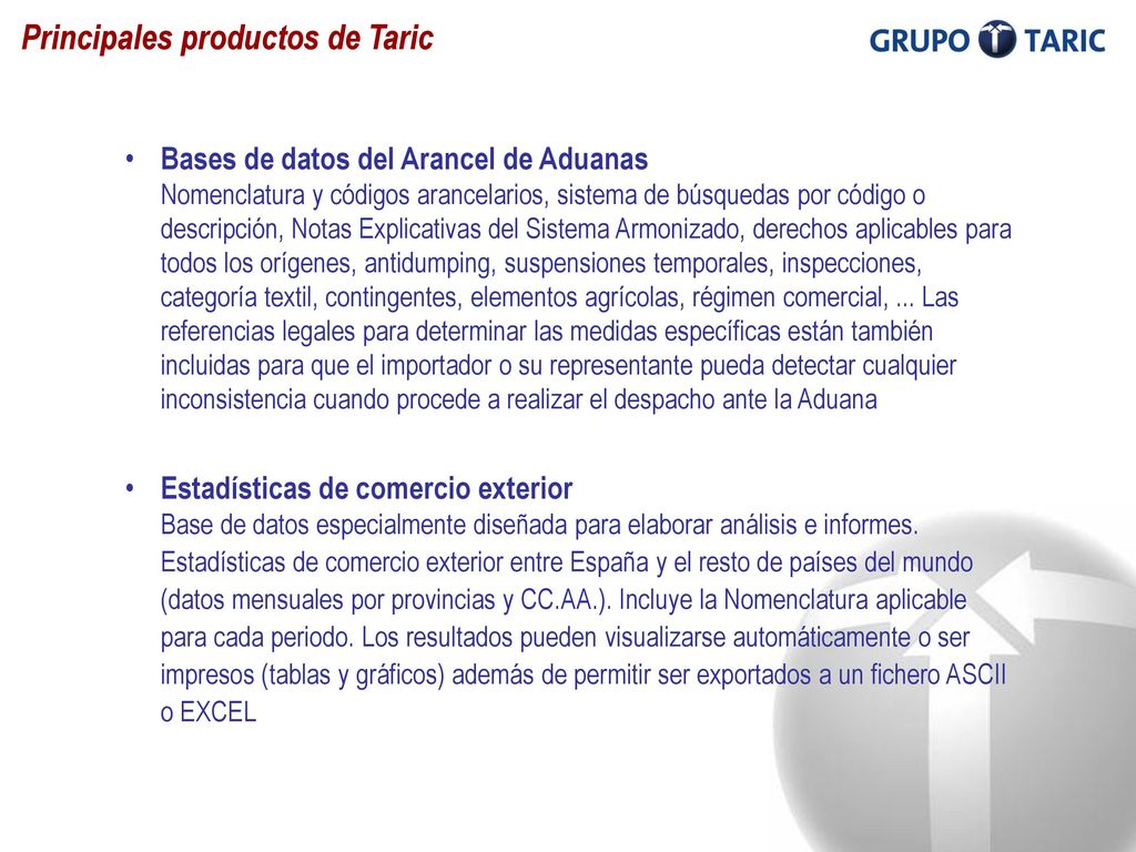 Principales productos de Taric