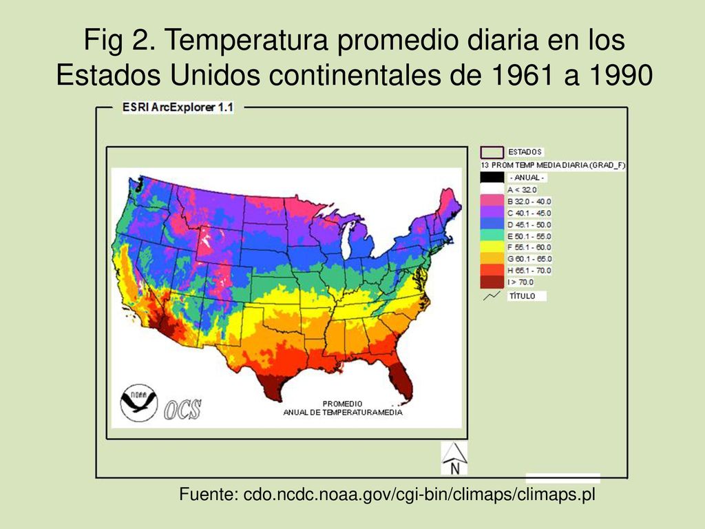 Fig 2. Temperatura promedio diaria en los Estados Unidos continentales de 1961 a 1990