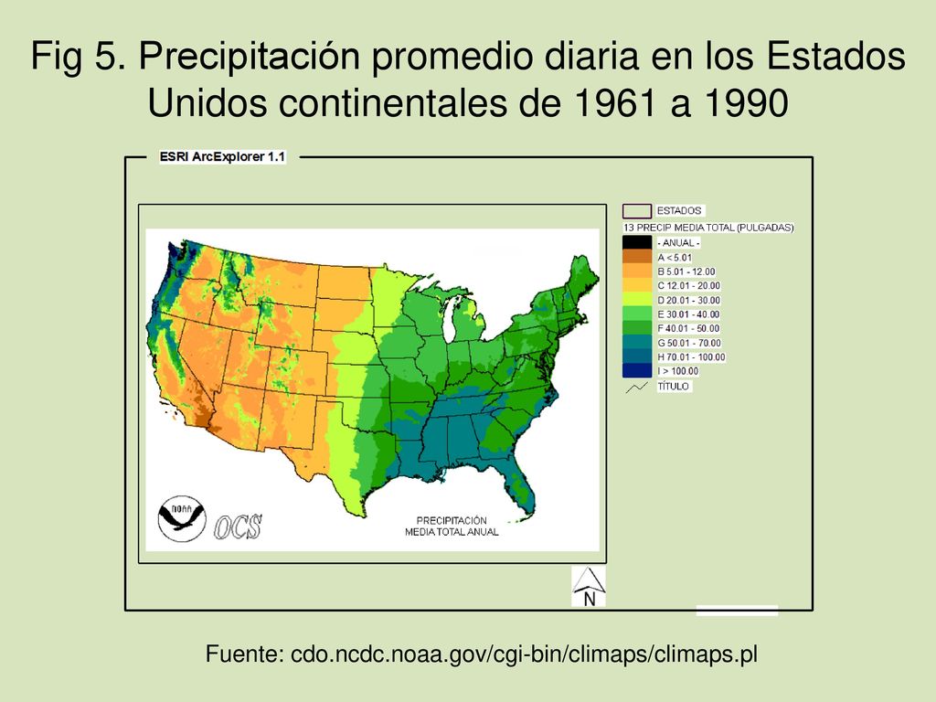Fig 5. Precipitación promedio diaria en los Estados Unidos continentales de 1961 a 1990